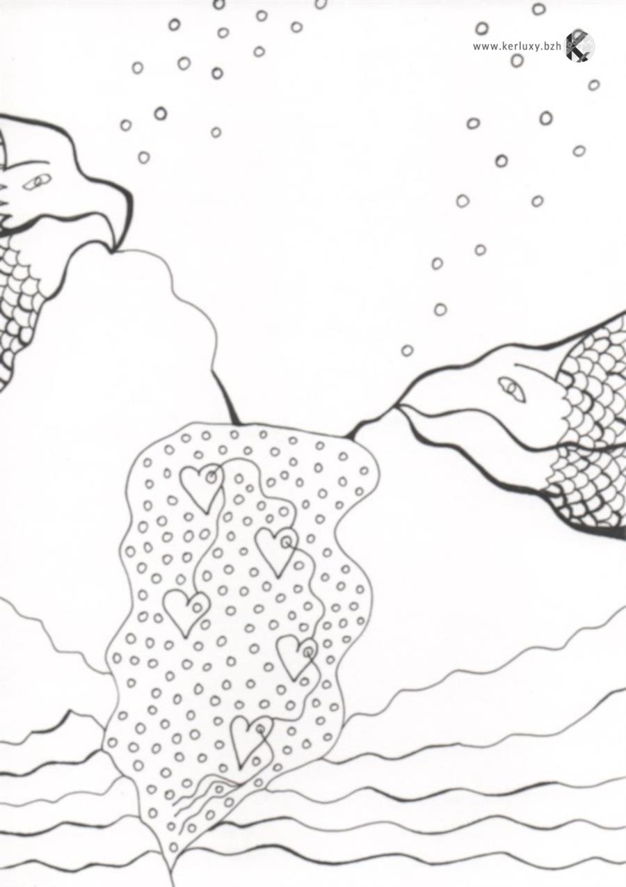 dessin - calligraphie - 2 poissons et le filet de cœurs - Le Moing Maryse
