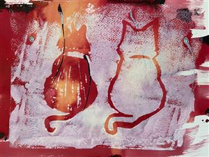 linogravure - peinture - Red Cats en chien de faïence - AERH Arts)