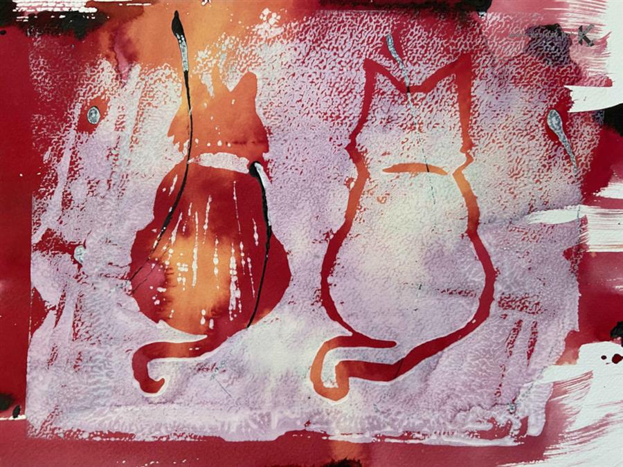 peinture - Red Cats en chien de faïence - AERH Arts